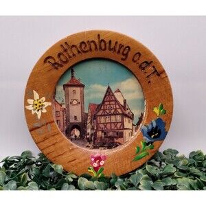 Rothenburg O D T Germany Plate Carved Painted Alpine Flowers Wood MCM